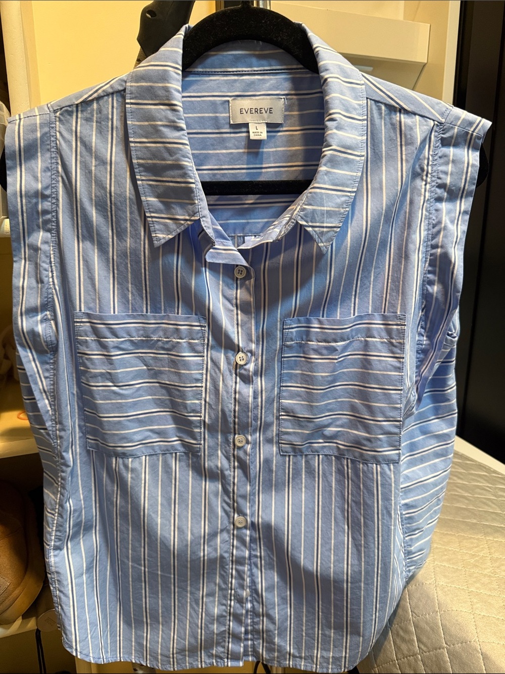 Evereve Blue and White Striped Sleeveless Button-Up Top